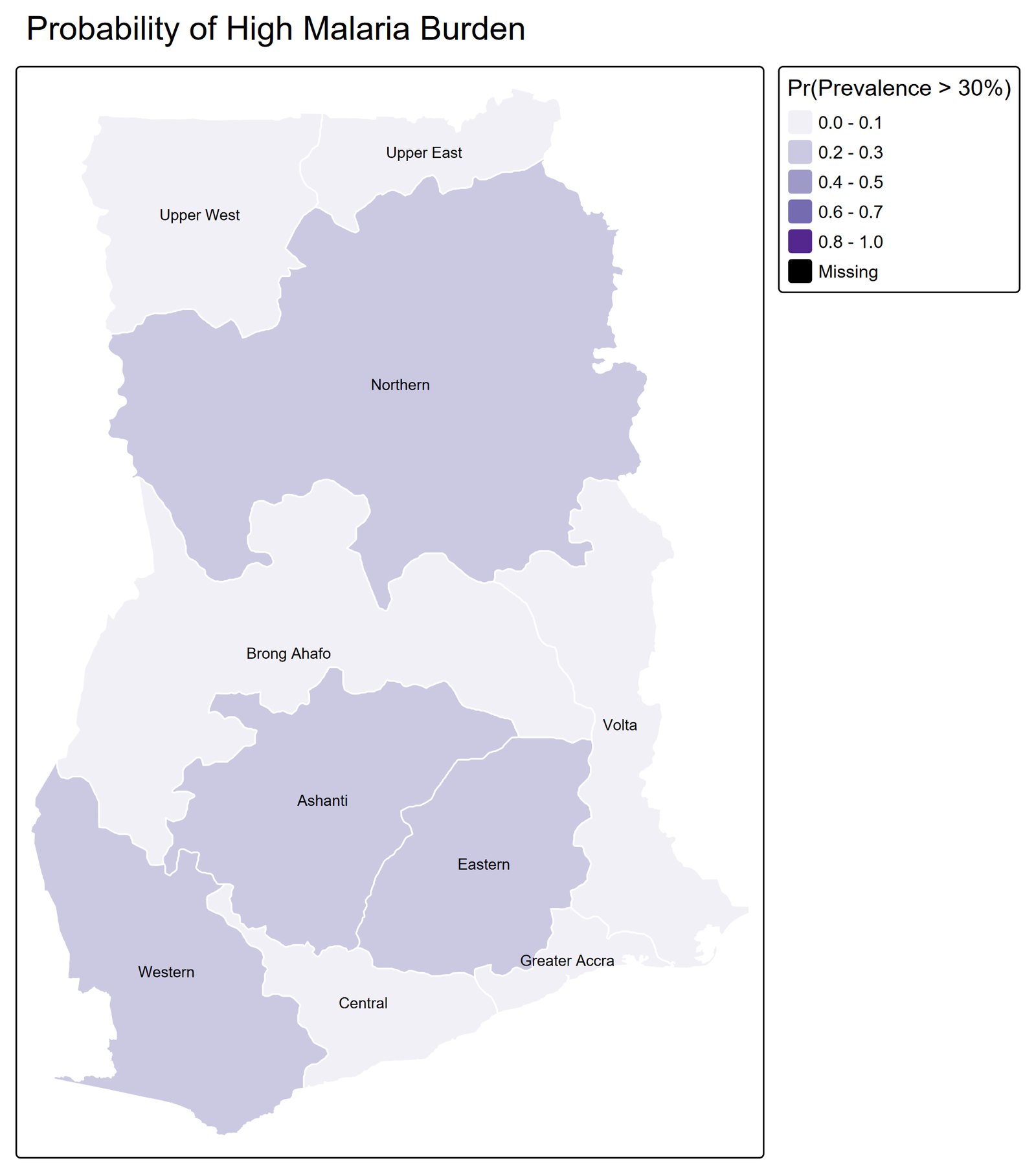 Map of the probability that malaria prevalence exceeds 30 percent in each region of Ghana