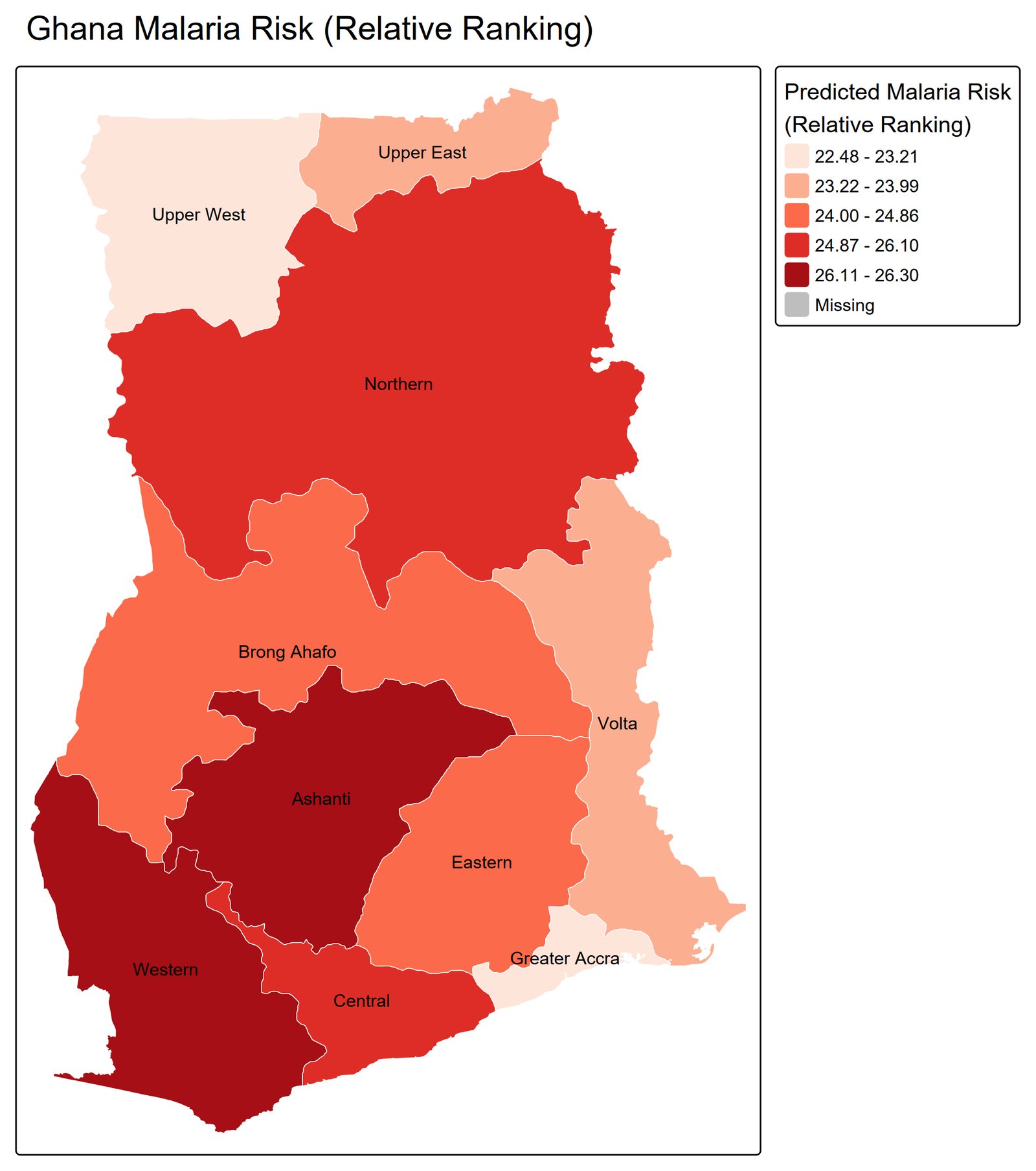 Map of Ghana showing predicted malaria risk by region, with the highest risk in the Ashanti and Western regions