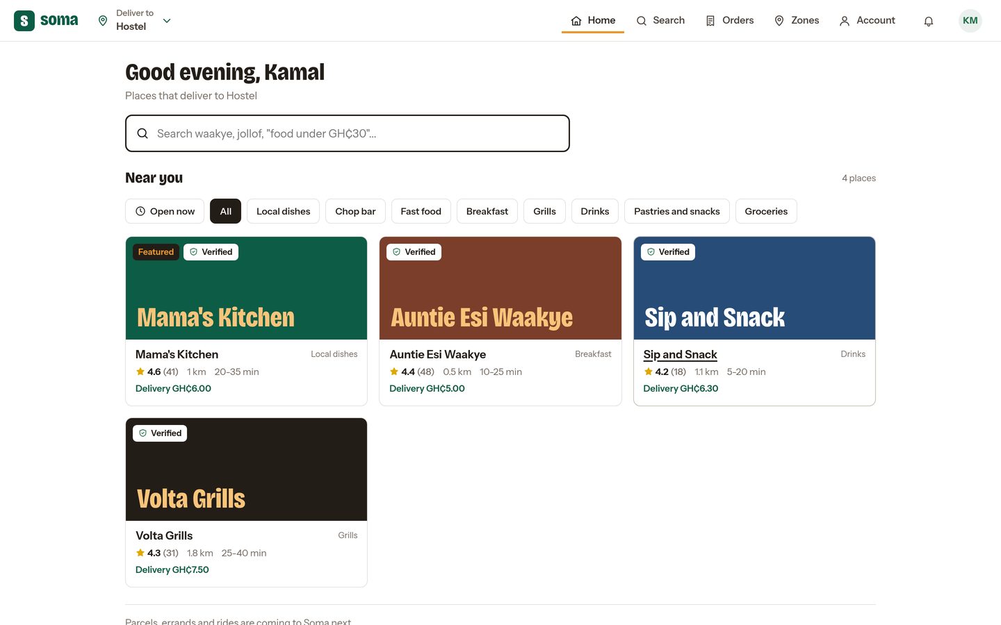 Soma, a food delivery platform for Ho, Hohoe and the Volta Region: search and local vendor cards